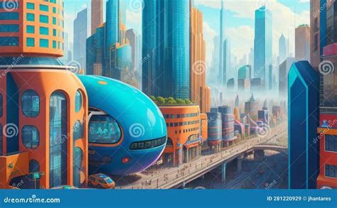 3d Effect A Bustling Futuristic Downtown Cityscape Stock Illustration