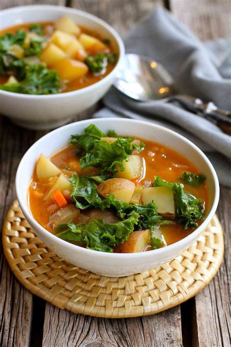 Leave the bacon out of the recipe entirely; Vegan Potato Soup Recipe with Beans & Kale - Cookin Canuck