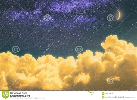 Dreamy Cloudscape At Night With Moonlight And Stars Stock Photo Image