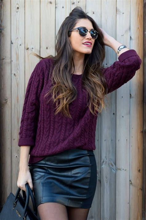 Outfit With Purple Sweater Street Fashion Leather Skirt T Shirt