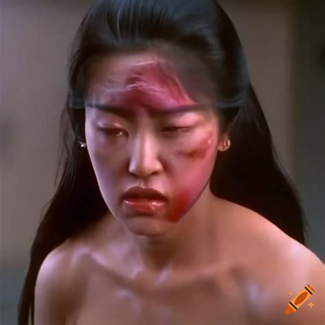 asian woman fighter with bruised head in an 80s movie screencap on craiyon