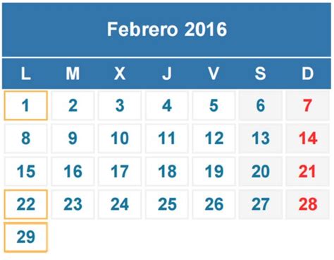 Calendario Febrero