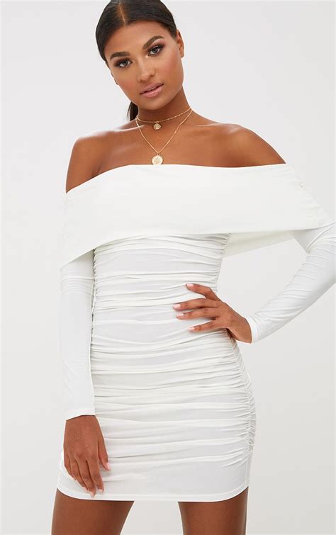 Work this seriously standout mini dress this season. White ribbed long sleeve bardot ruched bodycon dress ...