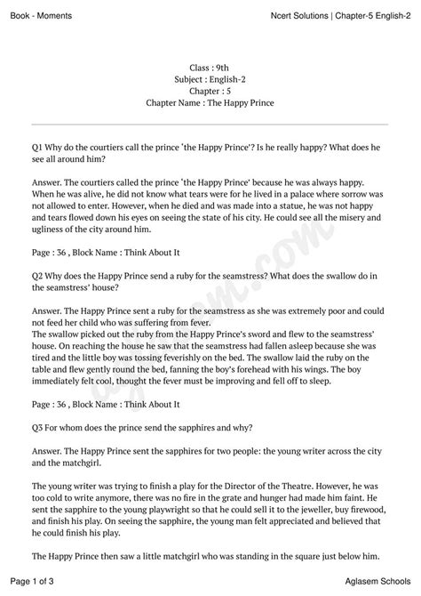 Ncert Solutions For Class 9 English Chapter 5 The Happy Prince Pdf