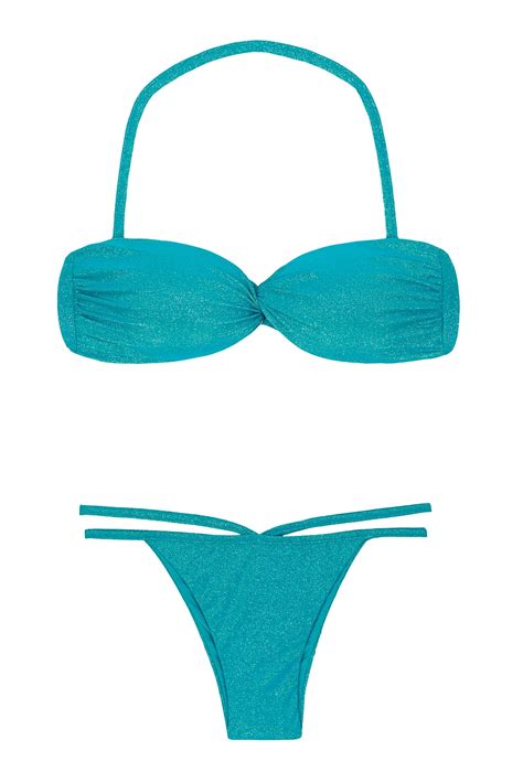 Blue Lurex Bikini With Twisted Bandeau Top And Strappy Bottoms
