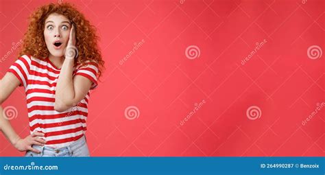Shocked Amused Emotive Redhead Ginger Girl Curly Haircut Popping Eyes Stare Camera Fascinated