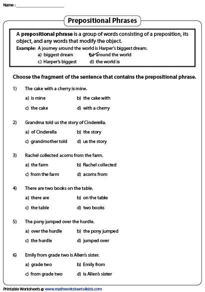 Phrases Worksheets Prepositional Phrases Subject And Predicate