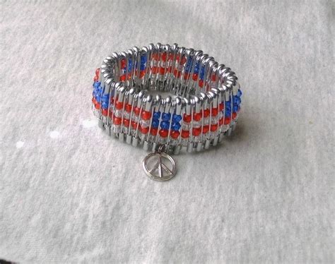 American Flag Beaded Safety Pin Bracelet With Peace Charm