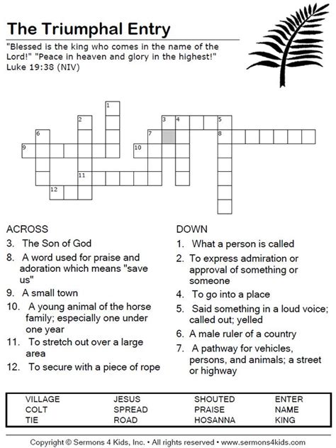 Palm Sunday Crossword Puzzle Easter Sunday School Sunday School