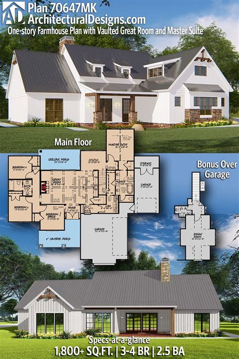 Plan 70647mk One Story Farmhouse Plan With Vaulted Great Room And