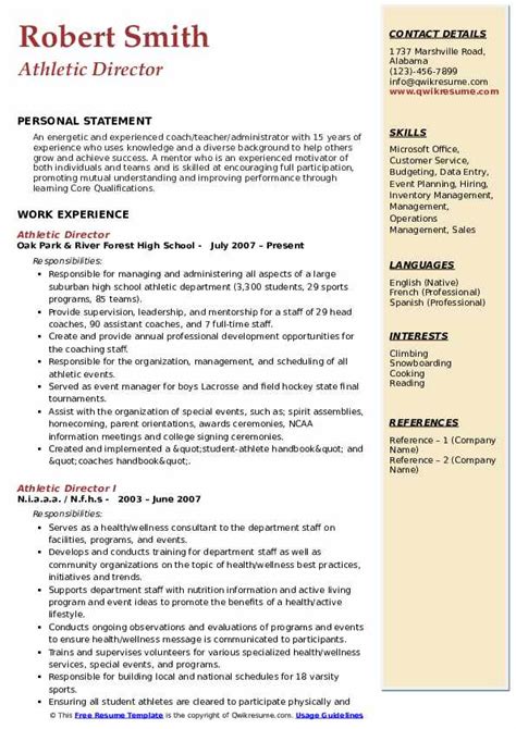 Athletic Director Resume Samples Qwikresume