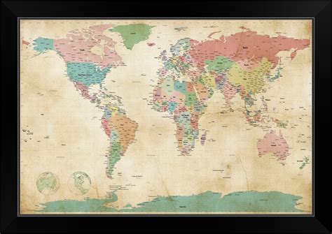 Political Map Of The World Map Antique Black Framed Art Print Ebay
