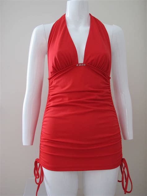 Red Swim Dress 3 Swarovski Crystals On Cf Wide Neck Ties Etsy