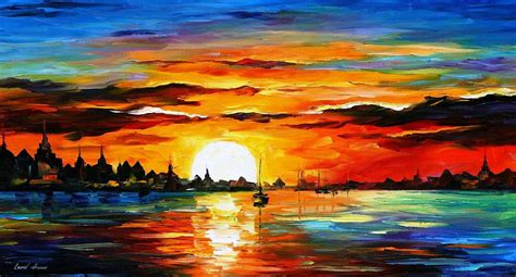Sunrise In The Harbor Palette Knife Oil Painting On Canvas By Leonid