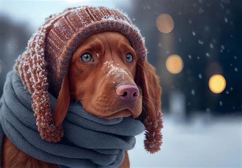 Premium Ai Image Dog In A Hat And Scarf In Winter Outdoors