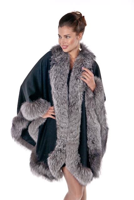 Black Cashmere Cape Silver Fox Trim Plus Size Madison Avenue Mall Furs