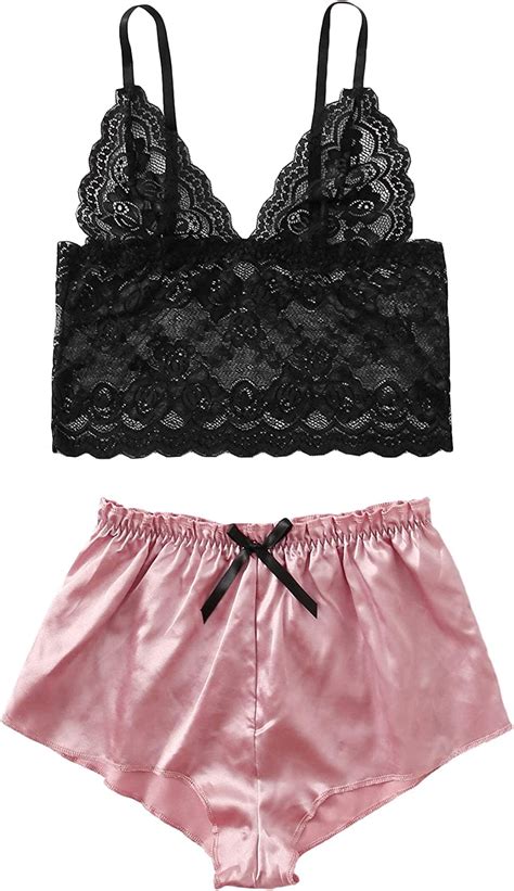 Makemechic Women S Lace Sheer Bralette Cami Top And Satin Shorts