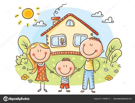 Feliz Familia Dibujos Animados Con Niño Cerca Casa Con Jardín Stock