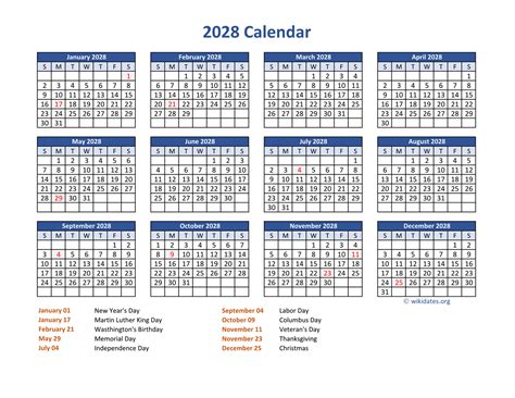 Pdf Calendar 2028 With Federal Holidays