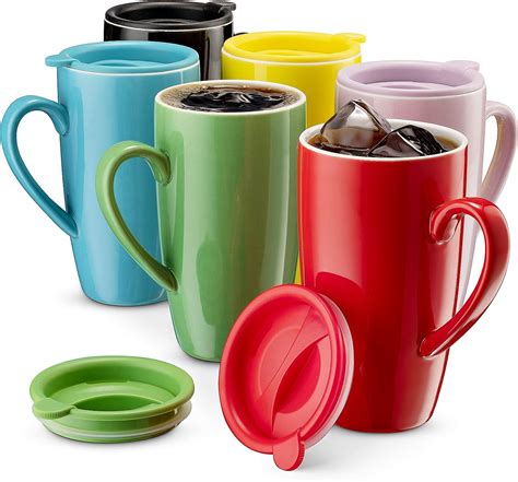 Mitbak 6 Pack Ceramic Coffee Mug Set With Lids 16 Ounce Large Colored Tumbler