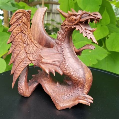 Hand Carved Suar Wood Dragon Statue Sculpture Artist Signed Wooden Home