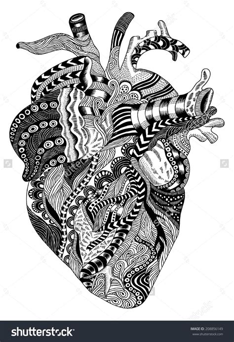 Detailed Hand Drawn Psychedelic Illustration Of Human Heart Human