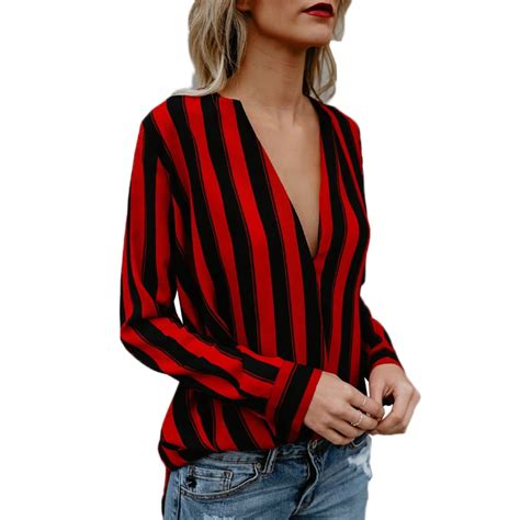 Aliexpress Com Buy Red And Black Striped Blouse Women Sexy V Neck