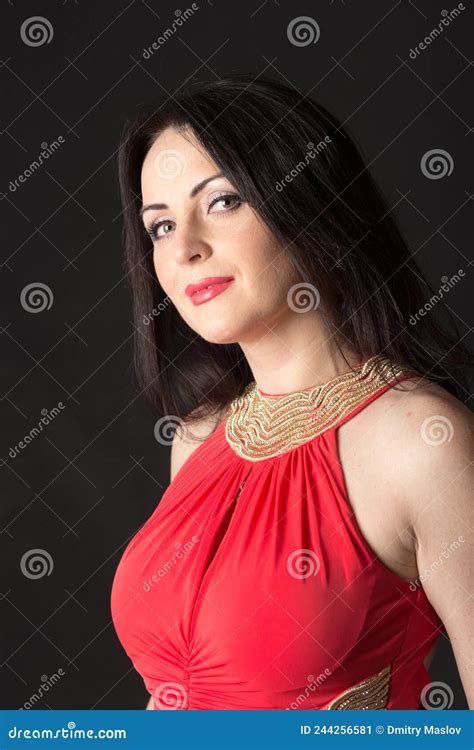Woman In A Red Dress On A Black Background Stock Image Image Of