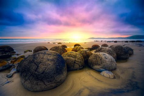 Hd Wallpaper New Zealand Ocean Stones Moeraki Boulders Beach Sand Sky