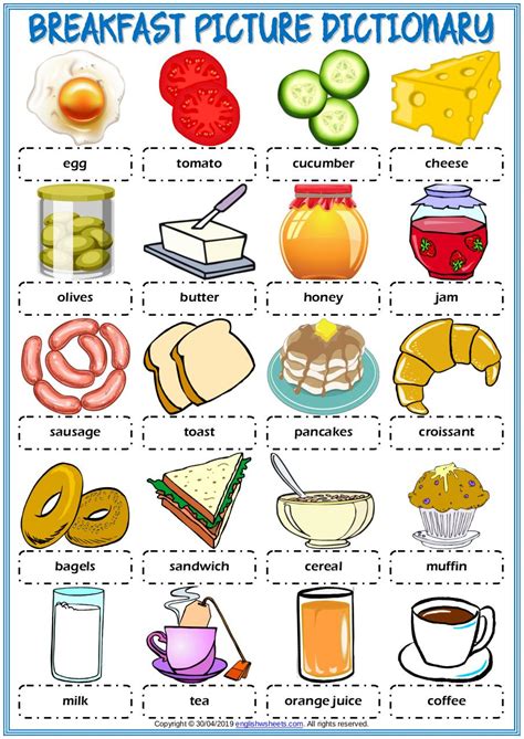 Breakfast Vocabulary Esl Picture Dictionary Worksheet For Kids Fusionné