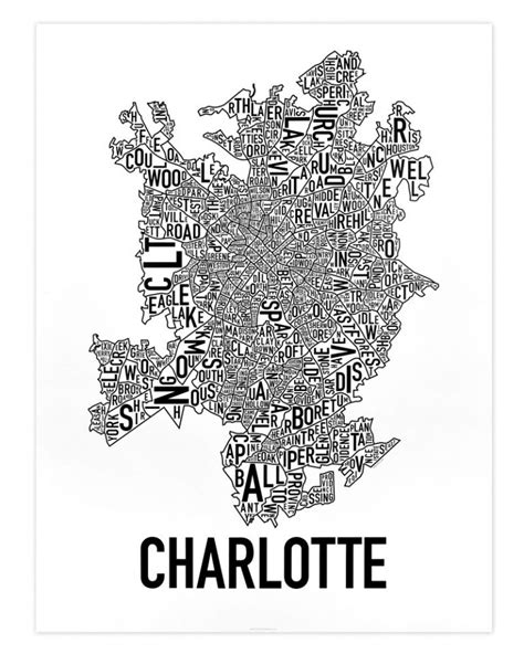 Charlotte Neighborhood Map 18 X 24 Classic Bandw Poster