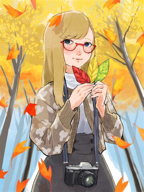 Safebooru 1girl Absurdres Autumn Autumn Leaves Black Skirt Blonde Hair Blue Eyes Brown Sweater