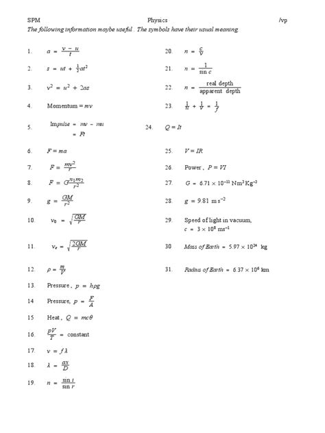 Spm Physics Formulae Sheet Pdf