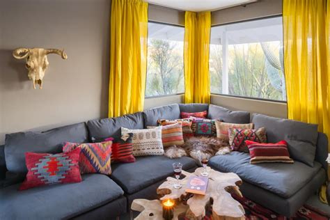 Yellow Curtains And Colorful Pillows Yellow Curtains Living Room