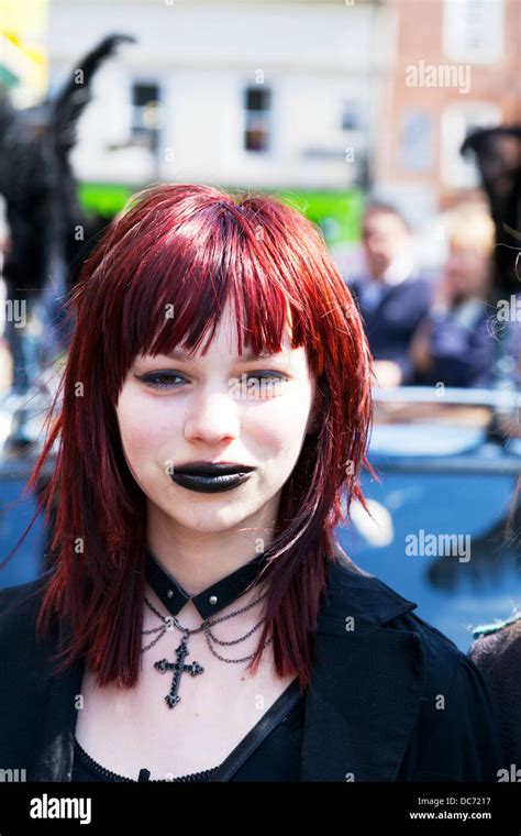 Teen Heavy Metal Fan With Ginger Hair Posing Emo Goth Gothic Black Lipstick Cross Necklace