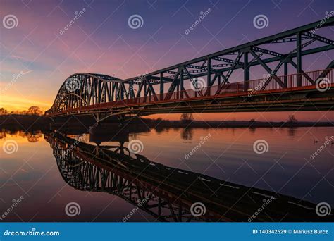 Iron Truss Bridge At Sunset Editorial Stock Image Image Of Gryfino