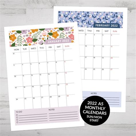 Printable 2022 Calendar Bullet Journal Calendar Monthly Calendar