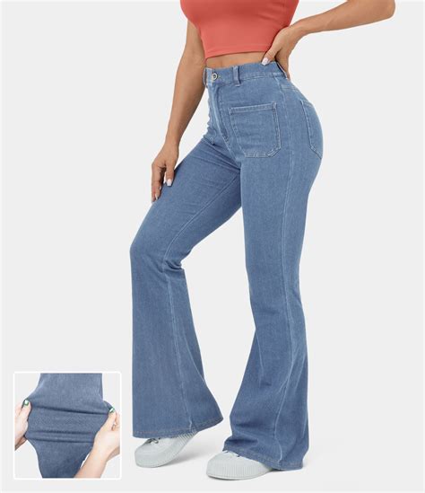Women’s Halaramagic™ High Waisted Button Pockets Stretchy Knit Casual Flare Jeans Halara