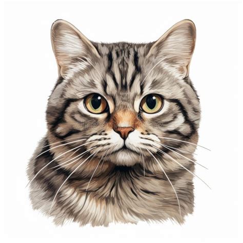Gray Tabby Cat Head Watercolor Painting On White Background Stock