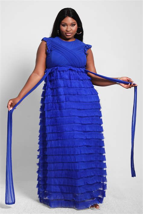 xpluswear design plus size elegant royal blue criss cross lace up ruffle sleeves frilly tulle