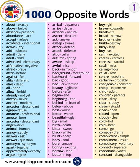 An Image Of Opposite Words In English With The Title 100 Opposite Words