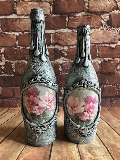 Decorated Wine Bottlesdecoupage Altered Artglass Bottles Etsy