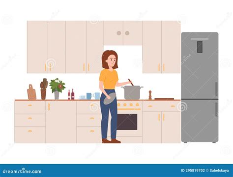Mujer Dibujos Animados Preparando Sopa En La Cocina Gente Disfrutando