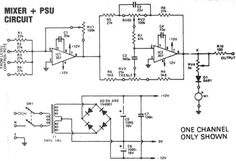The audio mixer circuit shown provides this facility using only a single lm39oon device and also enables any one channel to be selected by switches. 4 Channel DJ Audio Mixer Circuit for Discotheque Applications | Homemade Circuit Projects
