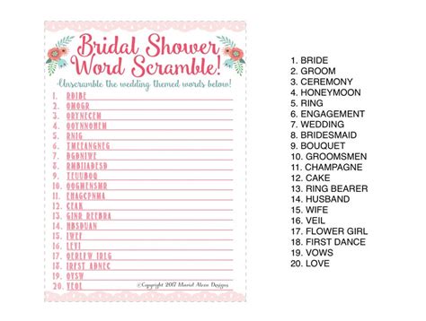 Bridal Shower Word Scramble Game Fun Unique Games Diy Pdf Wedding