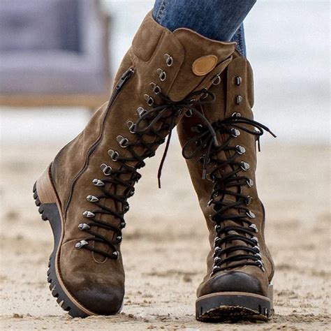 Winter Fashion Women S Mid Calf Boots Round Toe Western Lace Up Side