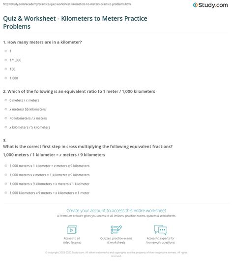 Quiz And Worksheet Kilometers To Meters Practice Problems