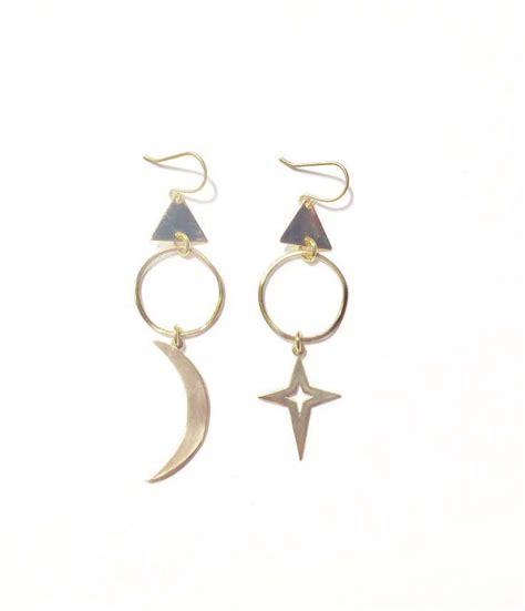 Moon And Star Witchy Celestial Mismatched Earrings With Gold Moon And