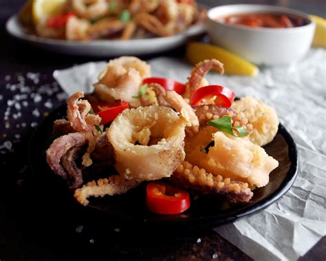 Calamari — 1560s, from it. Fried Calamari with Pickled Red Fresno Chili Peppers - The ...