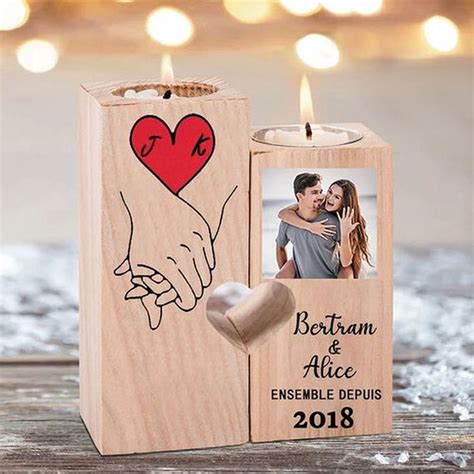 Valentine Candle Holder Personalized Couple Photo Wooden Candle Holder